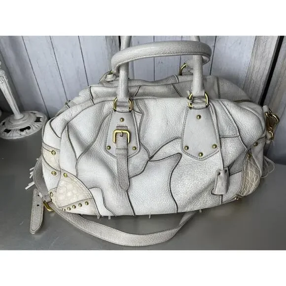 Prada Taupe Gold Leather Antik Cervo Fringe Large Bowler Bag Top Handle - Picture 5 of 16